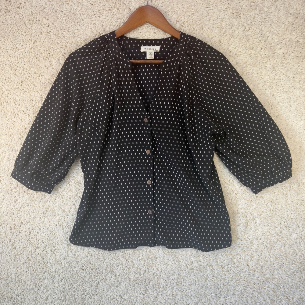 Monteau Button Front Blouse Womens Medium Black White Square Print Puff Sleeve